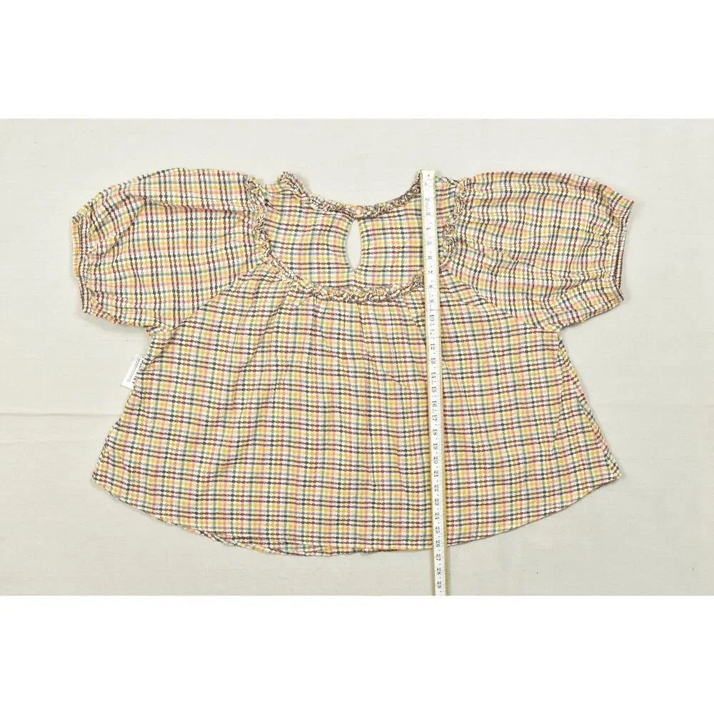 Old Navy Womens 3X Top Multicolor Gingham Plaid Cotton Keyhole Back Puff Sleeve